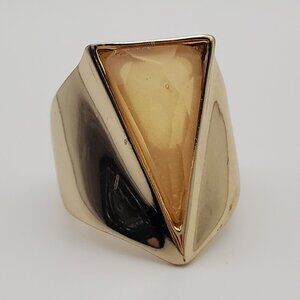 MCM Modernist Gold Ring Wide Band Faceted Moonstone Style Yellow V  Stone Thick